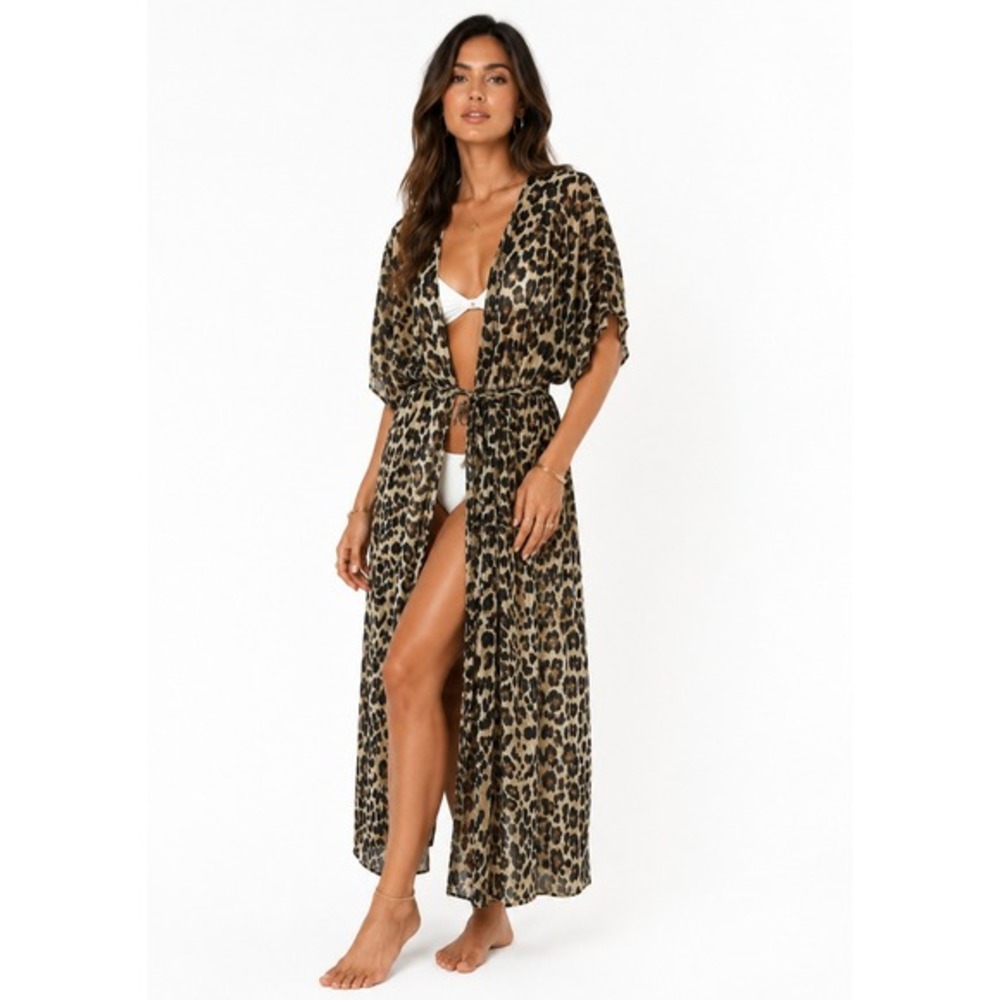 Leopard‎ Print Long Duster Kimono Robe Beach Cover Up Women XL Brown Tie Waist